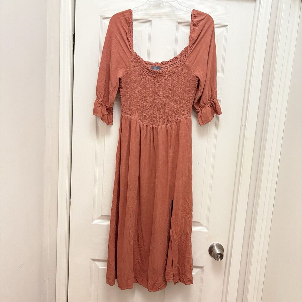 Hudson Gray Terracotta Linen Blend Midi Dress Size Medium Peasant